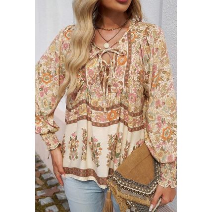 Yellow Floral Print Tie Neck Lantern Sleeve Blouse