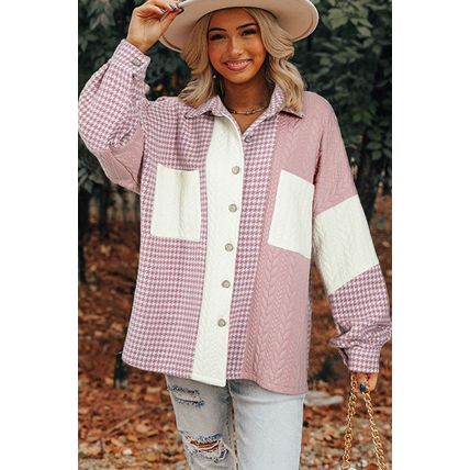 Pink Houndstooth Color Contrast Textured Patchwork Loose Shacket