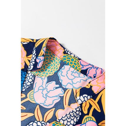 Navy Blue Hydrangea Floral Print Bishop Sleeve V Neck Shift Dress