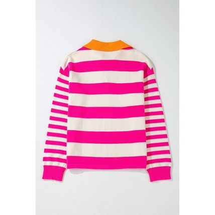 Rose Stripe Color Block Collared V Neck Drop Shoulder Sweater