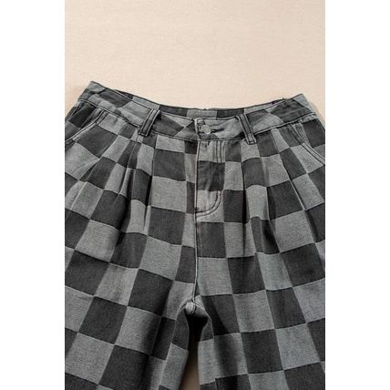 Dark Grey Checkered Denim Wide Leg Jeans
