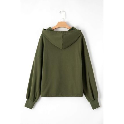 Moss Green Fleece Lined Half Zipper Kangaroo Pockets Loose Hoodie