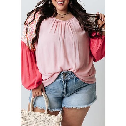 Pink Contrast Floral Patchwork Long Sleeve Plus Size Blouse