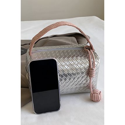 Silvery Lattice Texture Corded Ball Decor Weaven Handle Cosmetic Bag