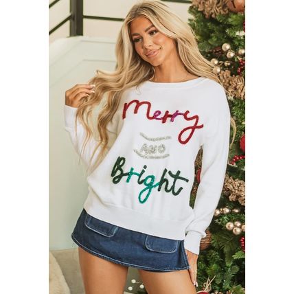White Tinsel Merry and Bright Graphic Christmas Sweater