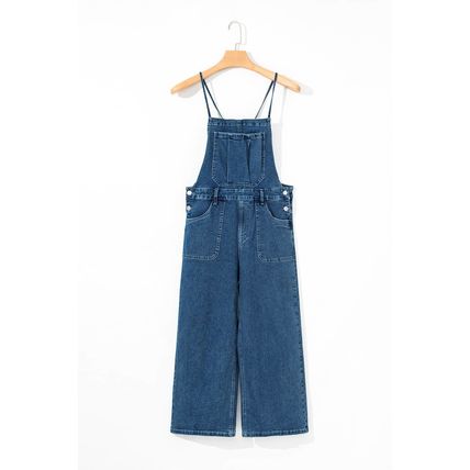 Dusk Blue Adjustable Tie Straps Cropped Wide Leg Denim Overalls