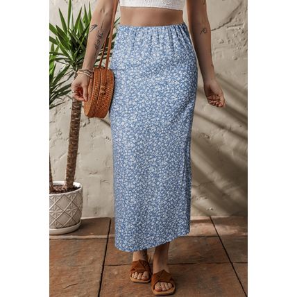 Sky Blue Boho Floral High Waist Long Skirt with Side Split