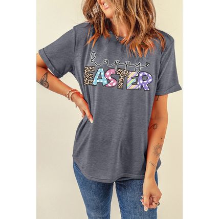 Gray Happy EASTER Lettering Graphic Crewneck Tee