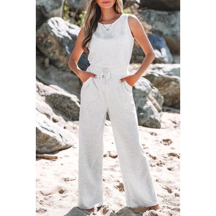 Light Grey Solid Color Crew Neck Drawstring High Waist Sleeveless Jumpsuit