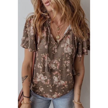 Khaki Retro Floral Print Tassel Tie Split Neck Short Sleeve Blouse