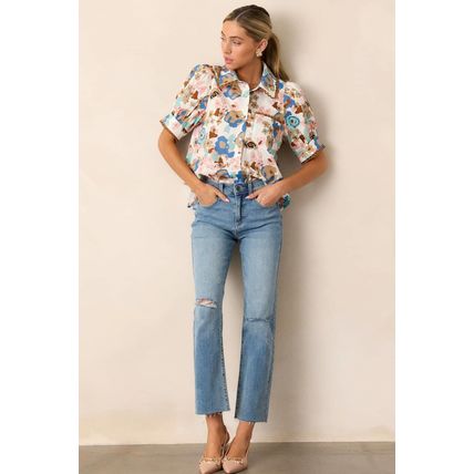 Multicolour Floral Print Ricrac Trim Collared Puff Short Sleeve Shirt