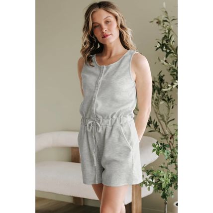 Light Grey Waffle Knit Sleeveless Buttoned Front Drawstring Waist Romper