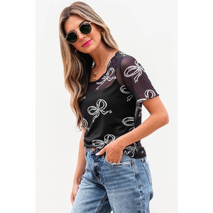 Black Bow Printed Mesh Short Sleeve Top