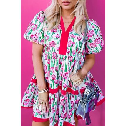 Pink Floral Print Contrast Trim V Neck Bubble Short Sleeve Babydoll Dress