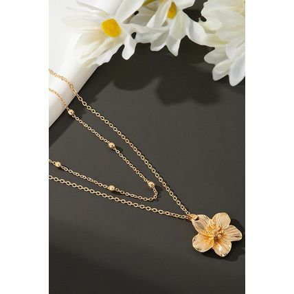 Gold Flower Pendant Beaded Double Chain Plated Necklace