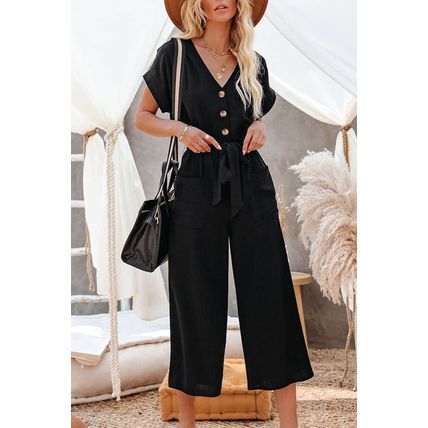 Black Dolman Button Belted V Neck Wide Leg Pocketed Jumpsuit