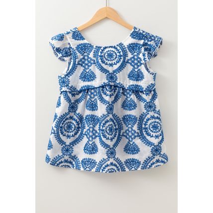 Blue Boho Print Flutter Sleeve Crew Neck Blouse