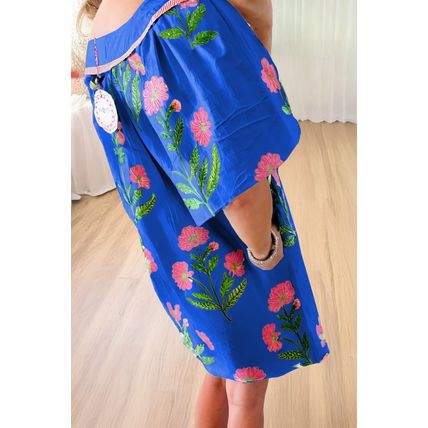 Blue Floral Short Sleeve Split Neck Loose Mini Dress