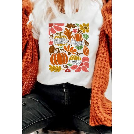 White Pumpkin Flower Print Fall Graphic Cotton Blend Tee
