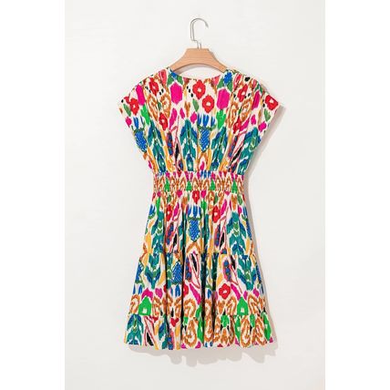 Sky Blue Abstract Print V Neck Dolman Sleeve Ruffle Tiered Mini Dress