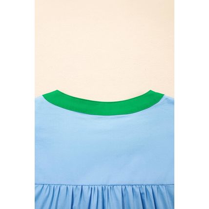 Mist Blue Contrast Notched Neck Frilly Detail Short Sleeve Blouse