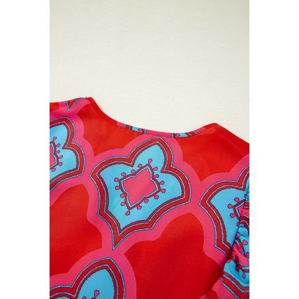 Red Abstract Floral Print Trimmed Flutter Sleeve Blouse