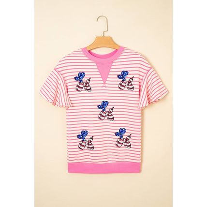 Sachet Pink Striped Sequin USA Flag Inspire Balloon Dog Patched Ruffled Short Sl
