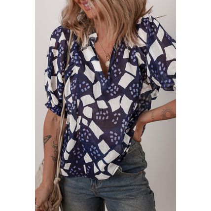 Blue Abstract Print Frilled Puff Sleeve V Neck Blouse
