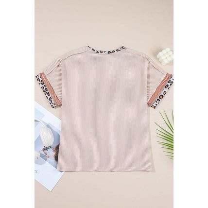 Jet Stream Leopard Patchwork Corded Knit Crew Neck T Shirt