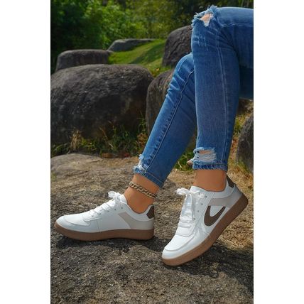 Coffee Color Contrast PU Leather Lace-up Sneakers