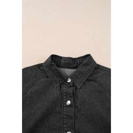 Black Frilled Short Sleeve Button Up Loose Denim Shirt Dress
