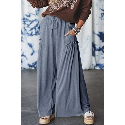 High Frilled Detail Wide Leg High Waist Knit Pants