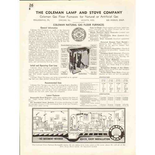 coleman lamp stove company 1938 gas floor furnace vintage catalog