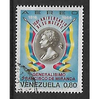 VENEZUELA 1968 AIR 80c BUST & GEN FRANCISCO DE MIRANDA & FLAGS SG2026 FINE USED2