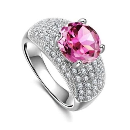 Lujoso anillo de compromiso con zirconia cúbica de hielo rosa chapado en platino