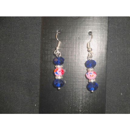 Special dark blue crystal glass over blended pink bead short drop earrings