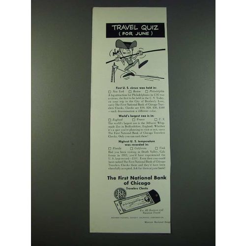 1961 First National Bank of Chicago Travelers Checks Ad - Travel Quiz
