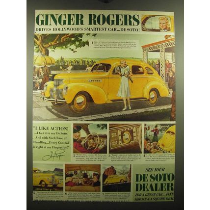 1938 De Soto Car Ad - Ginger Rogers drives Hollywood's Smartest Car