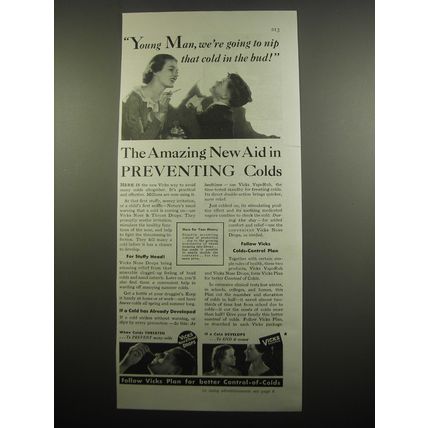 1933 Vicks Nose Drops and VapoRub Ad - The amazing new aid in preventing colds