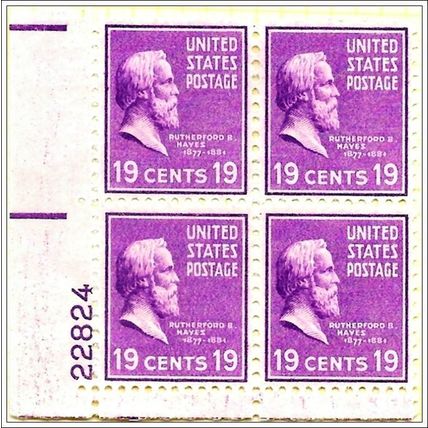 USA # 824 PB - 1938 19c Hayes, Purple Light Mounted Mint V1
