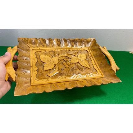 vintage handmade wooden tray, strong handles, hand Carved trays, decoration rect