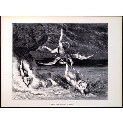 A FLIGHT AND PURSUIT IN HELL 1885 Gustave Doré Dante Alighieri ANTIQUE ENGRAVING