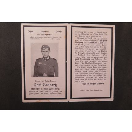 GERMAN DEATH NOTICE - TONI BONGARY , DIED 1941 ON THE EASTERN FRONT