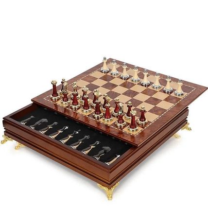 Luxury Metal + Solid Wood Chess Set – 40x40cm Folding Board with Storage