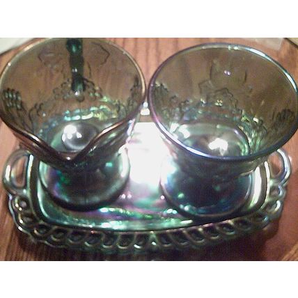 Carnival Glass blue creamer / sugar with tray