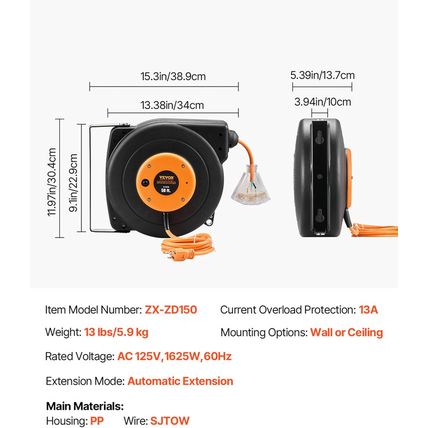 VEVOR Retractable Extension Cord Reel, 50 FT Heavy Duty 14AWG/3C SJTOW Power Cor