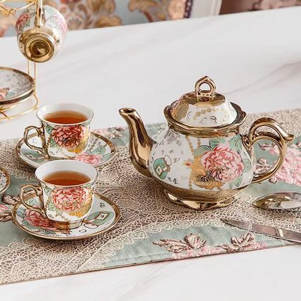 CHANJOON Gold Plated Red Rose Ceramic Tea Set, Vintage Tea Set with Teapot, Beau