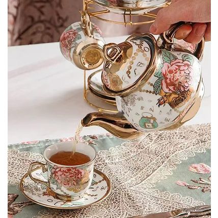 CHANJOON Gold Plated Red Rose Ceramic Tea Set, Vintage Tea Set with Teapot, Beau