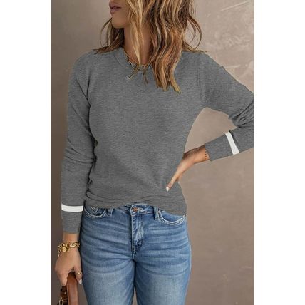 Medium Grey Ribbed Trim Crew Neck Long Sleeve Sweater