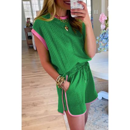Green Contrast Trim Cable Textured Shorts Set